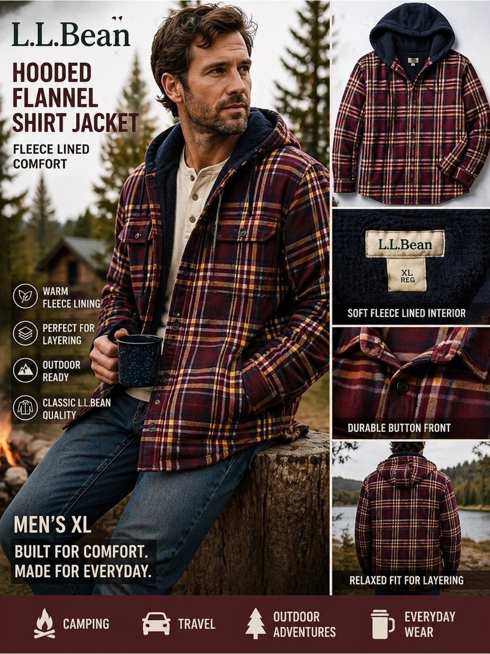 L.L.Bean XL Hooded Flannel Shirt Jacket Fleece Lined Plaid Shacket Mens